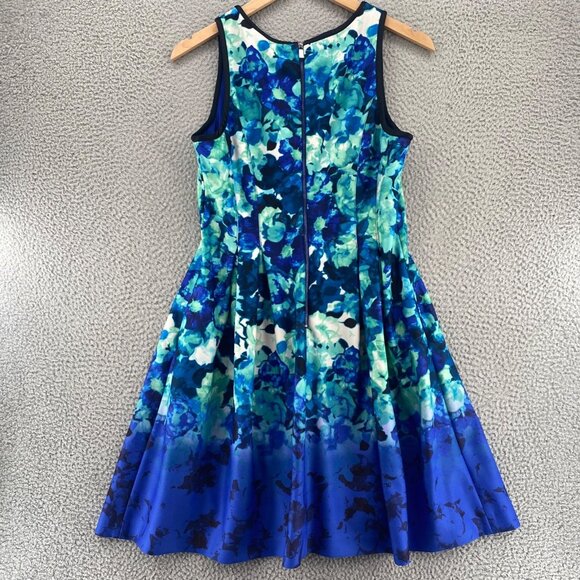 Vince Camuto Dress Womens 14 Blue Green Floral Scuba Fit & Flare Pleated Keyhole - Picture 3 of 10